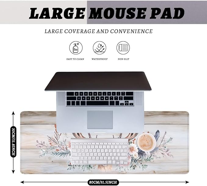 Floral Deer Desk Mat Rustic Nature Wood Farmhouse Mouse Pad Large Mousepad Extended Laptop Keyboard Mat Gaming Desk Pad Mouse Mat 31.5"x11.8"