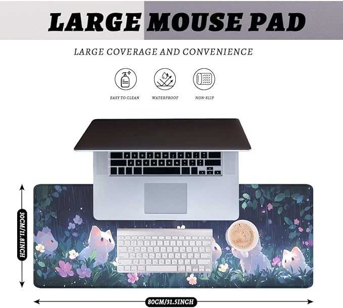 Animation Mouse Pad White Cat Rain Playing Flowers Plants Mousepad Extended Large Laptop Keyboard Non-Slip Rubber Base with Stitched Edges for Home 31.5x11.8 in