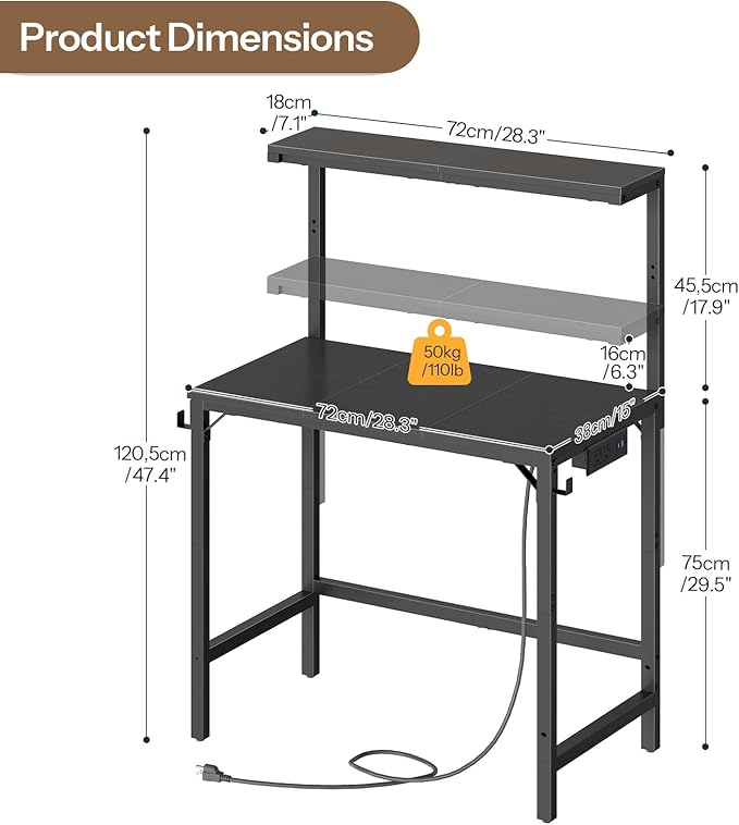 HOOBRO Small Computer Desk, 28.3" Desk for Small Spaces, Home Office Desk with Power Outlet & Adjustable Monitor Stand, Compact Desk with Storage, Writing Table for Bedroom, Office, Black BB38UDN01