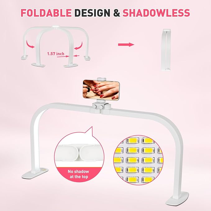 HITTI Half Moon Light for Nail Desk with 5X Magnifier, 30" Foldable LED Arch Tech Lamp with Phone Holder for Manicure, Handicraft, Art, Eyelash Extension - 3 Color Modes & 10 Brightness, Home & Salon