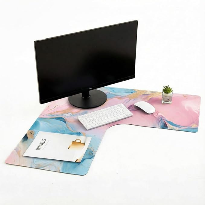 Relaxweex L Shaped Desk Mat for 90° Corner Desks, 26" x 26" Blue&Pink Waterproof Mouse Pad with 18" Inner Corner, Non-Slip Rubber Desk Protector for Office & Gaming