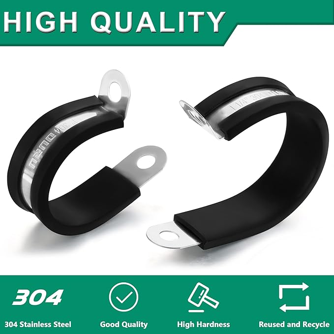 OURU 10pcs 2 Inch Stainless Steel Cable Clamps,Rubber Coated Cushioned Insulated Cable Clamp,Automotive Cable Wire Clamps,Pipe Clamps,Metal Clamp for Tube,Lines,Wire Cord Installation(Black,51mm)