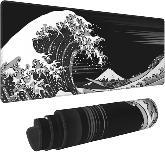 Extended Large Gaming Mouse Pad 31.5x11.8 in Desk Mat Mouse Pads，Japanese Sea Wave Laptop Mousepad PC Keyboard Waterproof and Non-Slip XL Rubber Table Mat Black and White Kanagawa Surfing