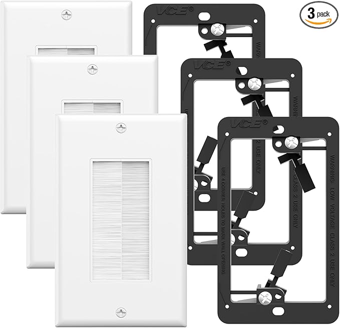 VCE Brush Wall Plate with Low Voltage Mounting Box, Cable Management Cover for Wall-Mount TV, HDMI Ethernet Cord Pass Through, 3-Pack (White+Black)