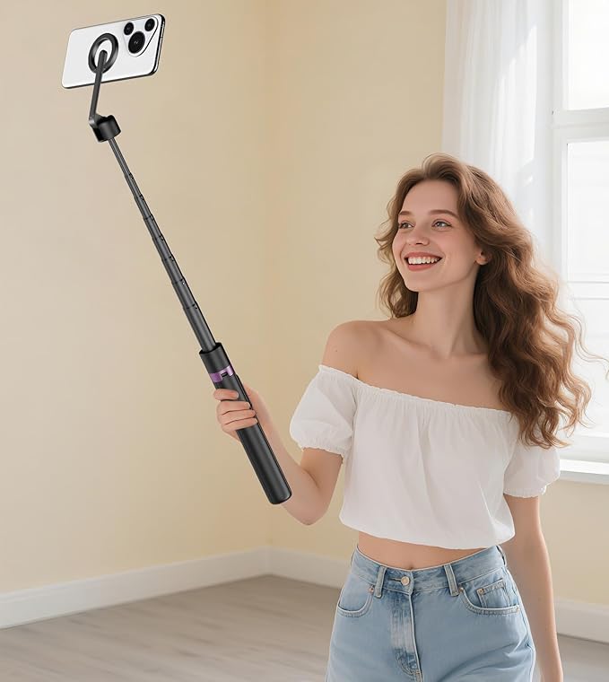 TONEOF 68" Magnetic Selfie Stick Tripod with Aluminum Strong Magnetic Holder for Magsafe, 360° Rotatable Travel Phone Tripod Stand with Metal Ring & Rechargeable Remote for iPhone/Android（Black）