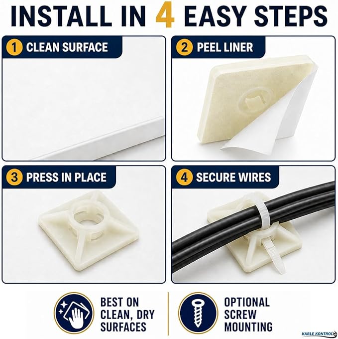 Kable Kontrol Zip Tie Mounts, 3/4” Sq, Natural White, 100 Pcs, Adhesive Backed Multi-Purpose Mounting Squares Nylon Cable Tie Wrap Anchor Pads for Cable Management
