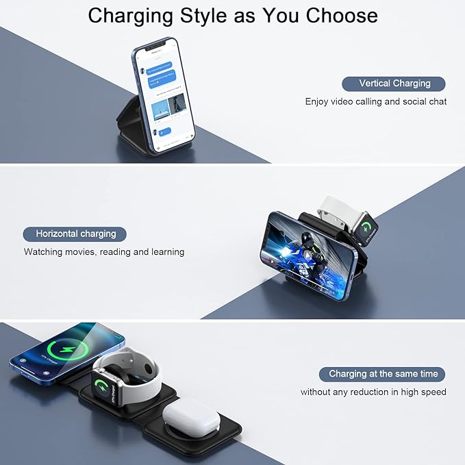 Wireless Charger 3 in 1,RTOPS Magnetic Traval Wireless Charging Station Multiple Devices,GaN 3 in 1 Charging Station,Compatible iphone17/16/15/14/13/Pro/Max,iWatch,AirPods4/3/2/Pro(Adapter Includes)