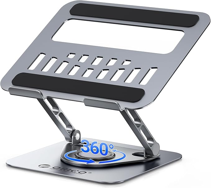 ORICO Adjustable Laptop Stand for Desk, 360° Rotating Base, Foldable Aluminum Alloy Computer Stand with Ventilated Design, Compatible with MacBook Neo/Air/Pro, Dell, XPS, HP up to 17'' - ST12, Gray