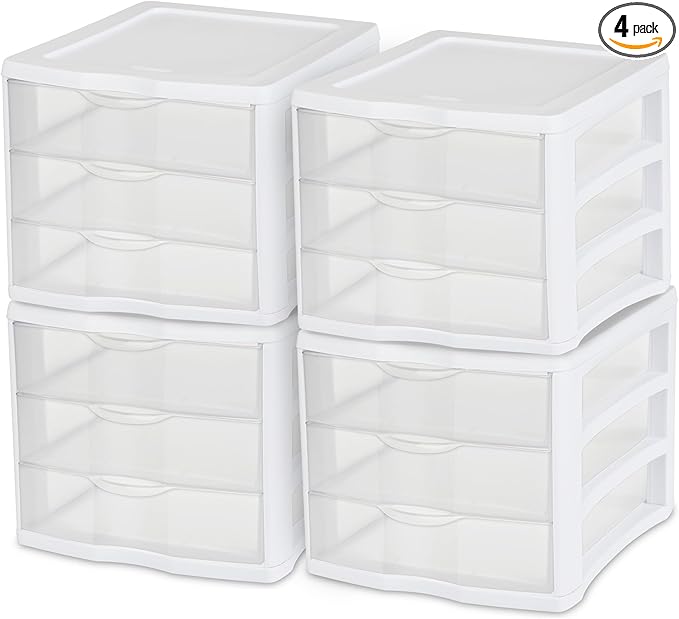 Sterilite 4-Pack 3 Drawer Unit, Stackable Plastic Organizer with Drawers, White Frame - Multi-Purpose Countertop Storage Containers for Office Supplies, Craft Rooms, Classrooms and Home Organization