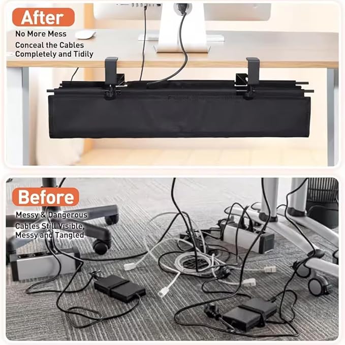 Under Desk Cable Management Tray, 27.5 Inch Fabric Cord Organizer with C Clamp, No Drilling, Fits Desks 0.1 to 2 Inch Thick, Holds Power Strip and Cables, Home Office, Black