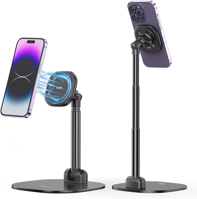 VRIG Magnetic Desk Phone Stand for Office/Home, 360°Rotation Phone Holder with Magnetic Ring Height&Tilt, Adjustable Cell Phone Stand for iPhone 17 16 15 14 13 12 and More/Android