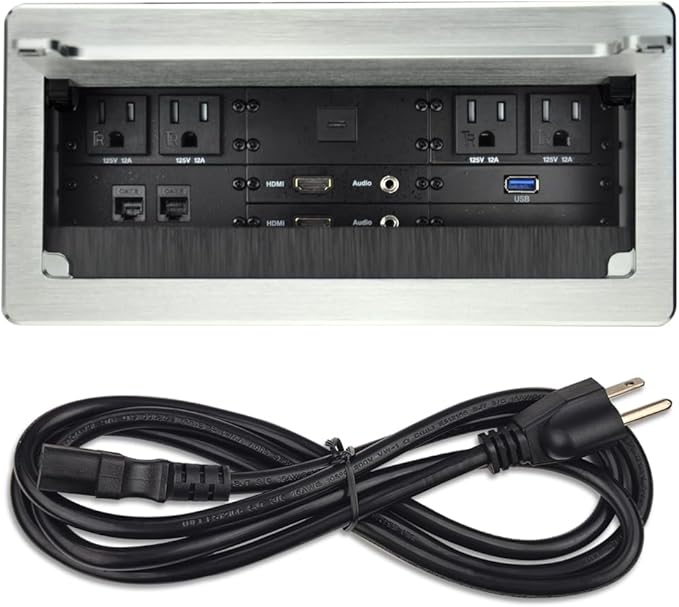 Tabletop Multimedia Connectivity Box with 4 AC Power+2 HDMI+2 RJ45+1 USB3.0 Port +1 USB-C +2 Audio with 5.58ft Power Cord for Conference Room (Silver)