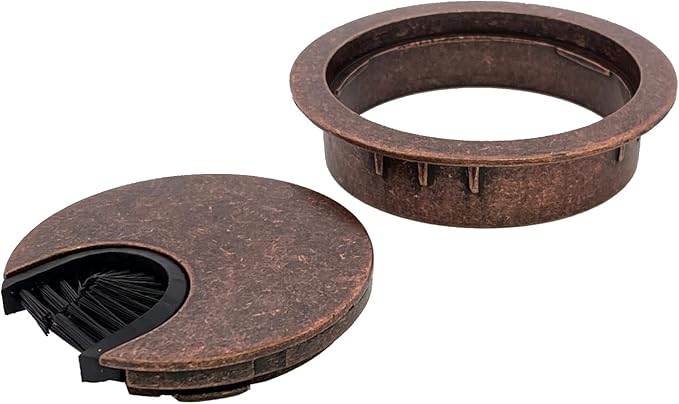 Antique Copper Metal Cable Grommet | 2 Piece "Lock in" Feature with "Brush" Opening for Management of Office & Computer Desk Wires | 60mm (2 3/8") Hole Opening | 1 Pack