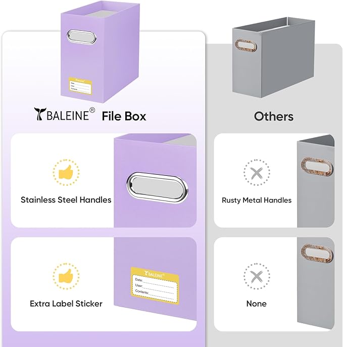 BALEINE File Organizer Box, Cardboard File Folder Organizer with Handle for Letter Size, Portable Collapsible Hanging Filing Box for Home Office Document Storage (1 Pack, Lavender)