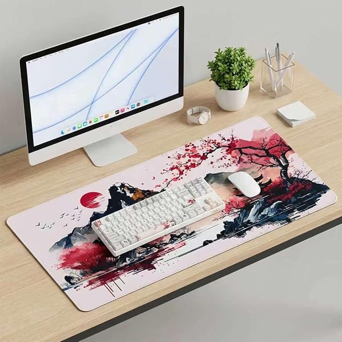 Japanese Cherry Blossom Gaming Mouse Pad 31.5x15.7in Full Desk Japanese Sakura Super Thick Mousepad Non-Slip Rubber Base Waterproof Keyboard Mat with Stitched Edges for Office 800X400X4mm