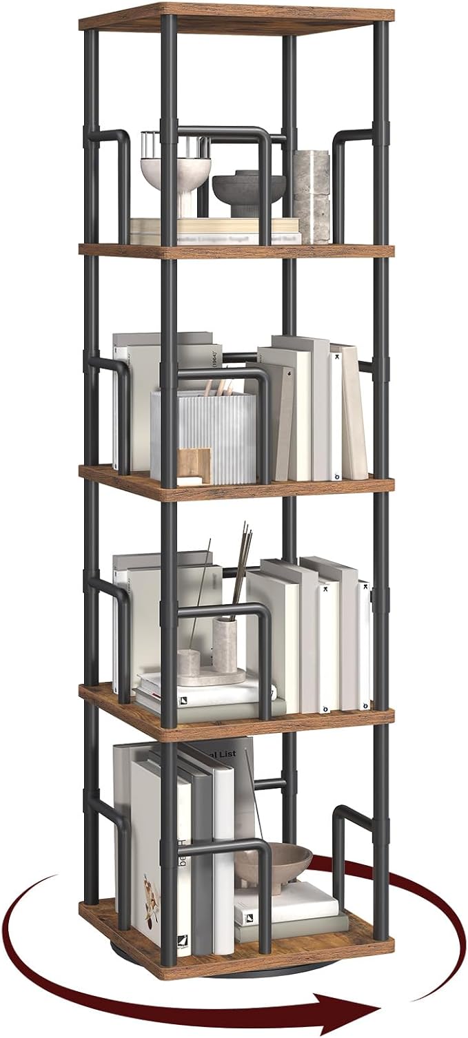 MAHANCRIS 4-Tier Rotating Bookshelf, Freestanding Corner Bookshelf, 360° Spinning Bookcase, Industrial Style Storage Rack with Rails, for Living Room, Bedroom, Study, Rustic Brown and Black BKHR1501