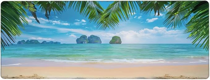 Summer Sea Palm Beach Large Mouse Pad Non-Slip Rubber Long Gaming Desk Mat Big Computer Keyboard Mousepad Waterproof Protector Wristing Pad for Gaming Office Home Decorative 31.5 X 11.8 Inch