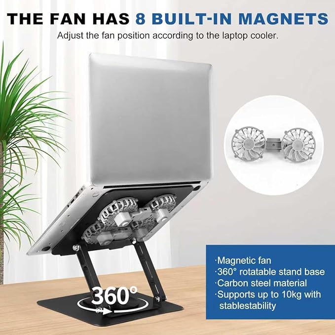 Laptop Cooling Pad with 2 Detachable Fans, Adjustable Height & Angle Stand, 360° Rotation, Ultra-Sturdy Carbon Steel Frame, Quiet Cooling for 10-17.3" Laptops (Black)