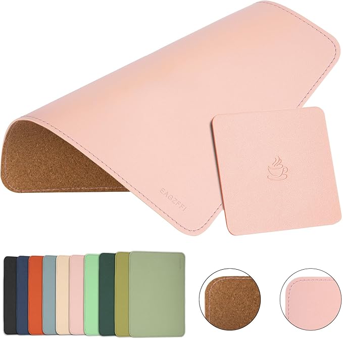 Double-Sided PU Leather & Cork Mouse Pad with Coaster – Reversible, Non-Slip, Stitched Edges for Office & Home, 8x11 Inches,(Pink)