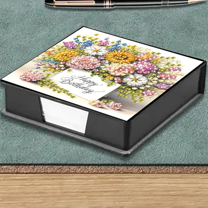 Diamond Painting Kits Sticky Note Holder, DIY Diamond Art Accessories Memo Pad Box for Desk, Mosaic Craft Kits for Adults Beginners, Cute Office Decor Gifts Women(Flowers Cardboard)
