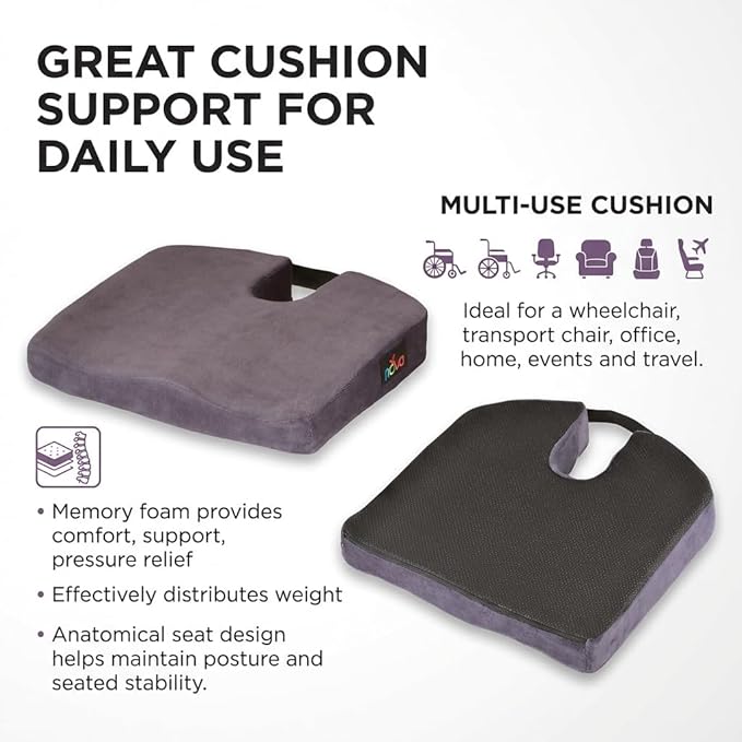 NOVA Medical Products Comfort Seat Cushion, Memory Foam Coccyx Cushion for Office Chair, Car, Wheelchairs & Benches, Waterproof Non-Slip Bottom, Super Soft Velour Removable & Washable Cover, Color: Charcoal Blue (2655C)
