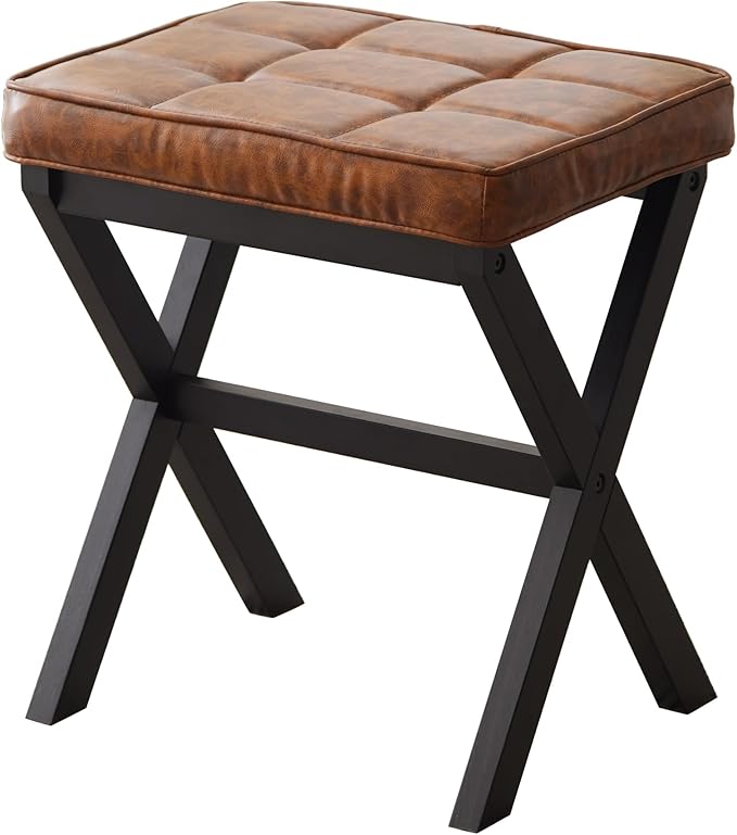 Foot Stool Small Ottoman Foot Rest Padded Foot Stool Desk for Under Office Desk Vanity Stool Bamboo Footstool Sofa Footrest Shoe Stool Small Foot Stools (Black Legs + Patterned Brown)