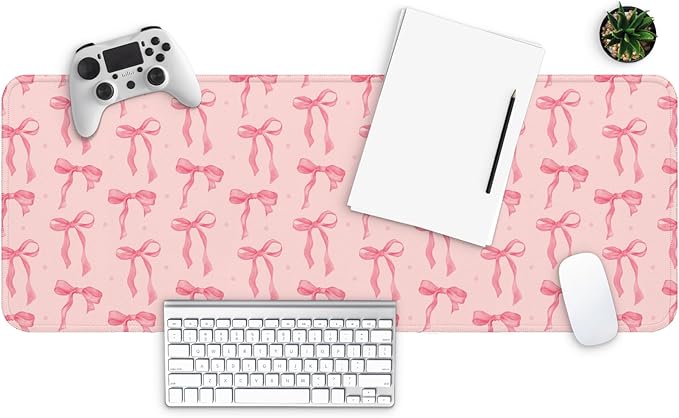MAY FLOWER Gaming Mouse pad, Large Laptop Mousepad, Full Keyboard Mat, Long Computer Mouse Mat for Home and Office, Anti-Slip Rubber Base, 31.5 x 11.8 Inches (Pink Bow)