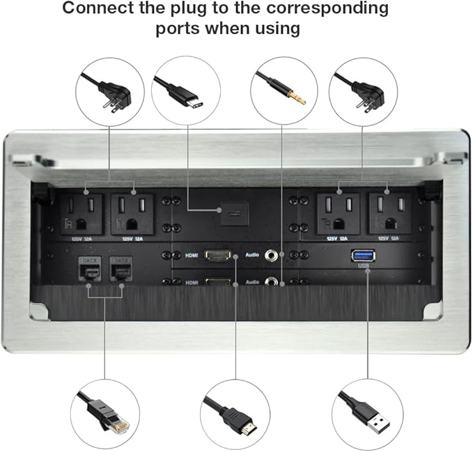 Tabletop Multimedia Connectivity Box with 4 Power Socket +2 USB Charger+1 HDMI+2 RJ45(CAT6) +2 Audio+1 VGA with 5.58ft Power Cord for Conference Room(Silver)