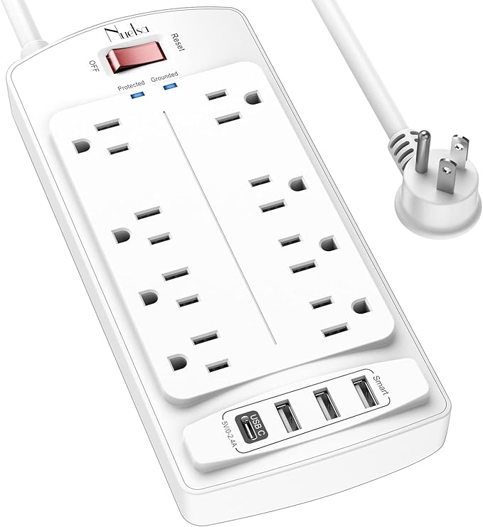 6FT Surge Protector Power Strip, Nuetsa Extension Cord with 8 Outlets and 4 USB Ports, 6 Feet Power Cord, 2700 Joules, ETL Listed, White