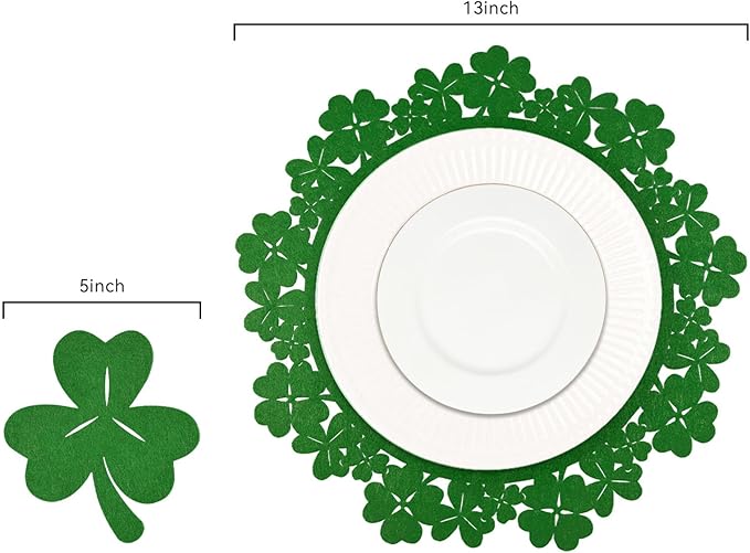 Noctiflorous St. Patrick’s Day Shamrock Green Round Felt Placemats with Coasters Set of 6 Table Decoration Durable Heat-Resistant Non-Slip Washable Place Mats Indoor Outdoor Kitchen Dining Table Mats
