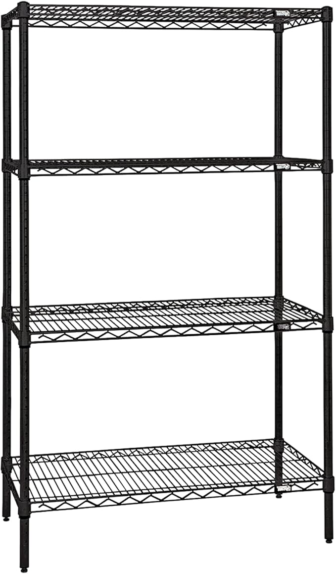 Quantum Storage Systems WR63-2148BK Wire Shelving Starter Kit, 48" W x 21" D x 63" H, 600 lbs Capacity, Carbon Steel, Epoxy Coated, Black, NSF