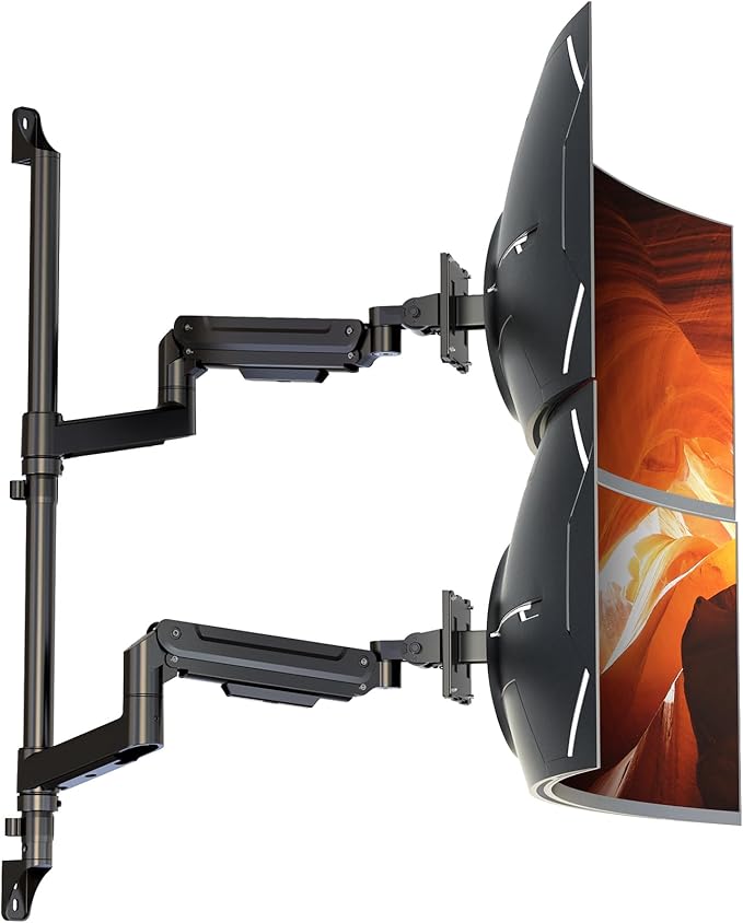 17-49" Dual Monitor Wall Mount - Fits Ultrawide Screens, Heavy Duty Gas Spring Arm with Long 35.4" Pole for Max Height Adjustment, Holds 44 lbs per Arm, VESA 75/100mm, Black