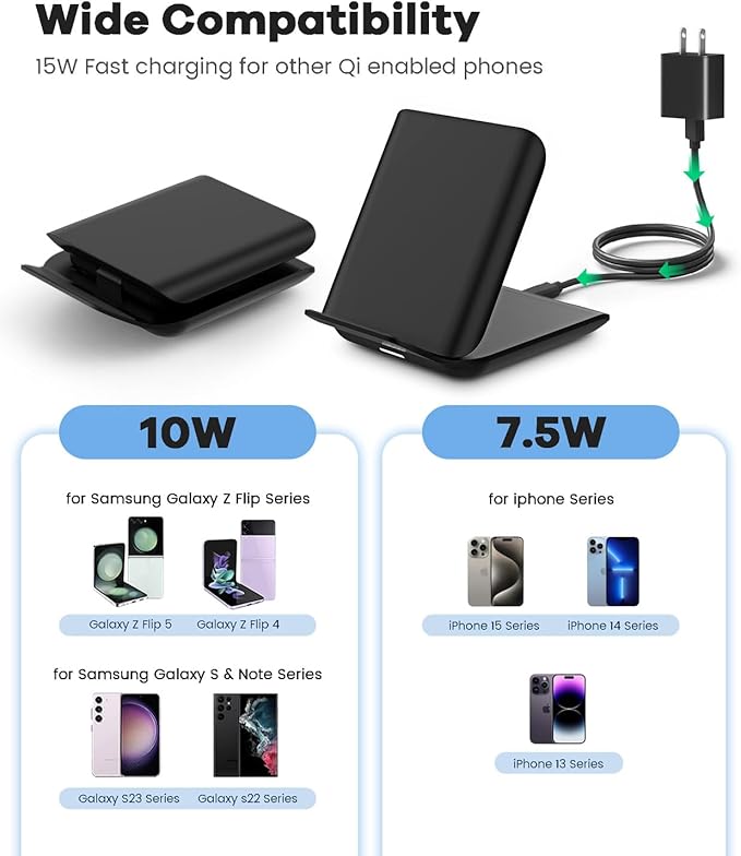 Samsung Galaxy Z Flip 7 Wireless Charger 15W Foldable Stand,Qi Fast Charging Station Travel Dock for z Flip 7 6 5 4 3 & Motorola Razr+,PD 20W Adapter Included,Black