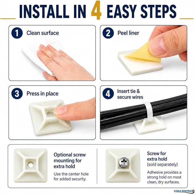 Kable Kontrol Zip Tie Mounts, 1” Sq, Natural White, 100 Pcs, Adhesive Backed Multi-Purpose Mounting Squares Nylon Cable Tie Wrap Anchor Pads for Cable Management