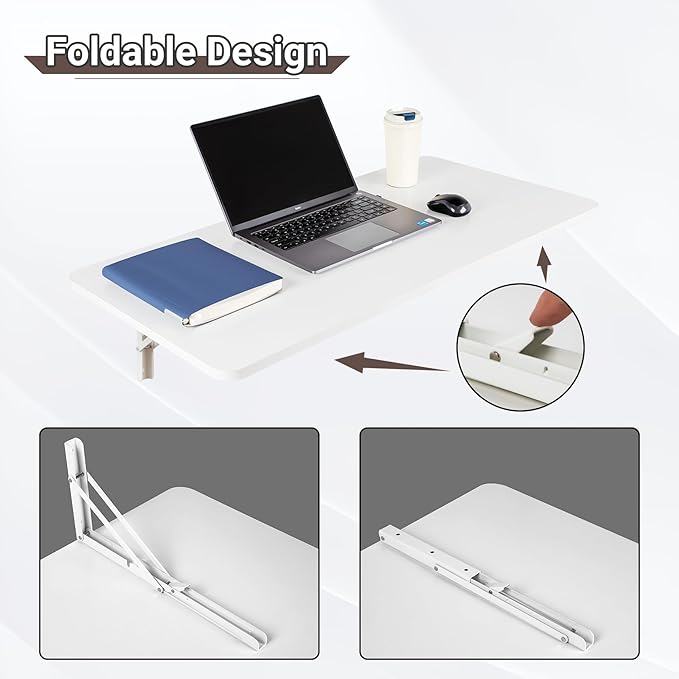 Neoaider Wall Mounted Folding Table 39.4”L x 19.7”W, Laundry Folding Table with Heavy Duty Metal Collapsible Shelf Brackets, Wall Mounted Desk Fold Down for Small Spaces, White