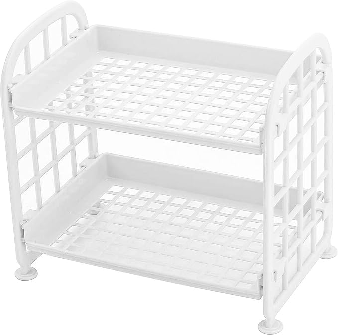 UnnFiko 2-Layers Table Shelf Organizer, Adjustable Plastic Storage Rack Shelf Square Basket Desk Stand Table Storage Organizer Shelves (White)