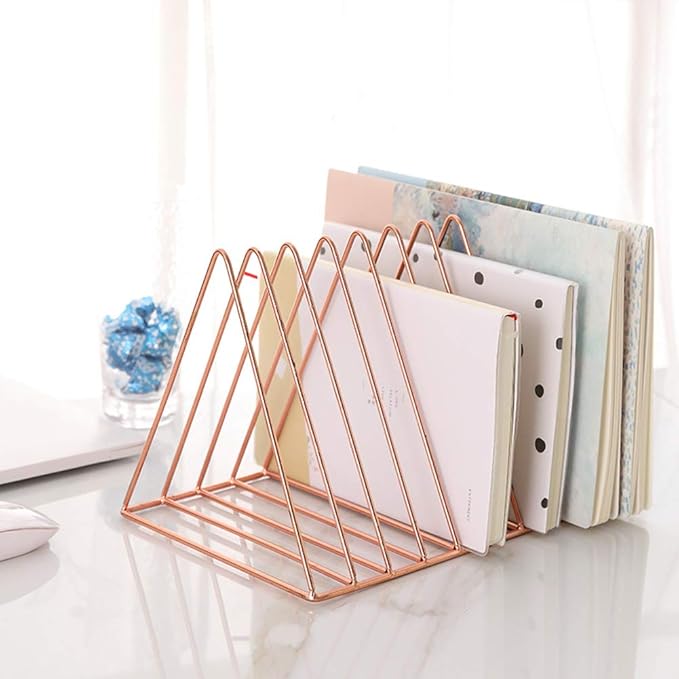 Sooyee 9 Slot Rose Gold Magazine Holder, Desktop File Sorter Organizer Triangle Bookshelf Decor for Home Office, 10.2" L x 7" W x 6.9" H, Iron Wire
