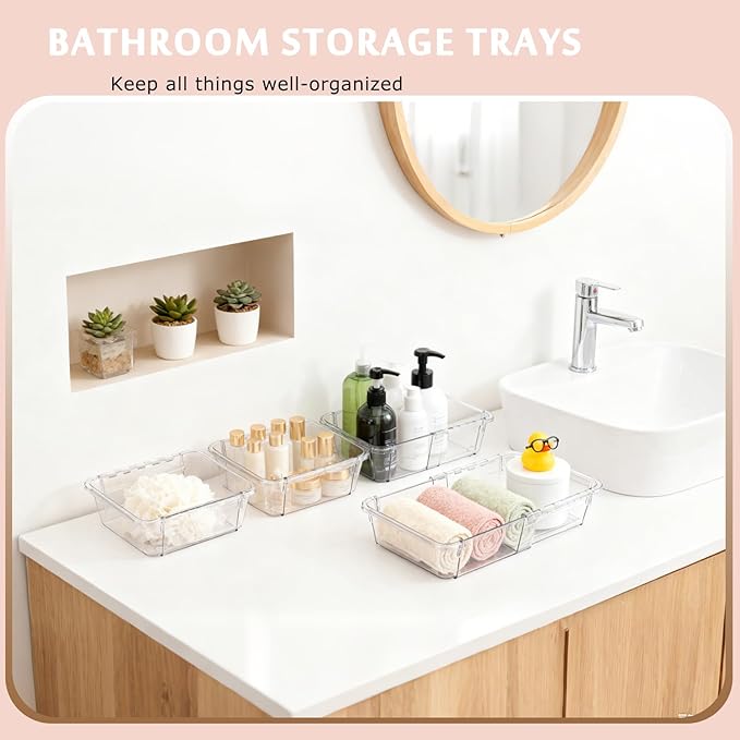 Extendable Drawer Organizer, 14pcs Bathroom & Vanity Drawer Organizes Tray, 3-size Clear Plastic Storage Bin for Makeup, Office Desk, Kitchen, Bedroom, Cabinet Drawer