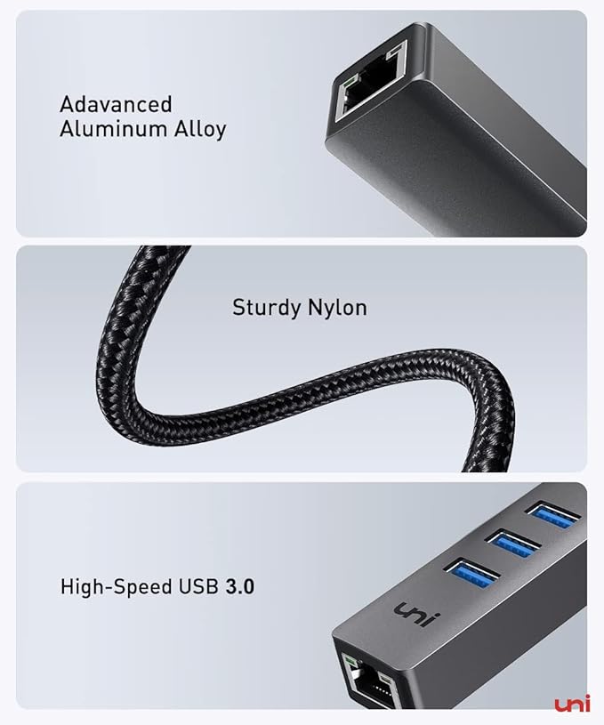 uni USB to Ethernet Adapter, USB 3.0 Hub with 100/1000 Mbps RJ45 Ethernet Driver Free, Sturdy Aluminum 4-in-1 USB-A to LAN Network Adapter Compatible with iMac, PC, Chromebook Laptops, and More