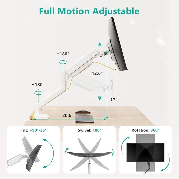 WALI Single Monitor Arm Mount Stand, Adjustable Arm Monitor Mount for Display up to 32 Inch,19.8lbs Capacity (GSMP001W), White