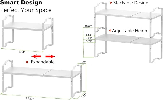 Jojocross Expandable Shelf for Cabinet Organizer Adjustable Stackable Spice Rack at Kitchen and Bathroom More, Counter Countertop Cupboard Organization Pantry Storage(MEDIUM/1PACK/WHITE)