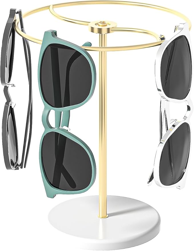 360° Rotating Sunglasses Organizer Stand, Eyewear Display Holder Stand, Eyeglasses Stand Rack for Nightstand Desk Bedroom or Shop Selling (Metal Frame+Acrylic Base) (Gold)