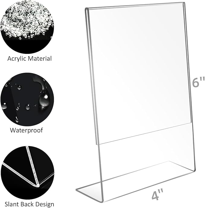6 Pack Acrylic Sign Holder 4x6 for Picture Frames,Slanted Back Acrylic Sign Holders for Business & Store,Plastic Sign Holder,Menu Holder, Table Sign Holder for Office, Home, Store, Restaurant- Vertical