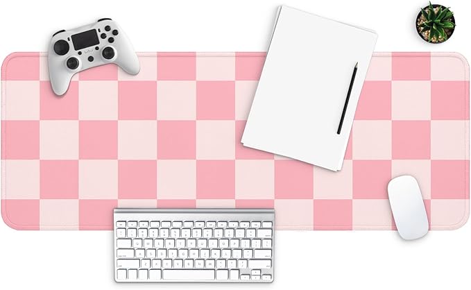 MAY FLOWER Gaming Mouse pad, Large Laptop Mousepad, Full Keyboard Mat, Long Computer Mouse Mat for Home and Office, Anti-Slip Rubber Base, 31.5 x 11.8 Inches (Pink Checkered)