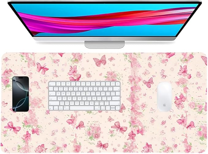 Butterfly Theme Desk Mat for Women, Large PU Leather Desk Pad with Non-Slip Base, Romantic Office Keyboard Mat for Gaming & Home Work, Enchanting Gift Idea(23.6x11.8 Inch)