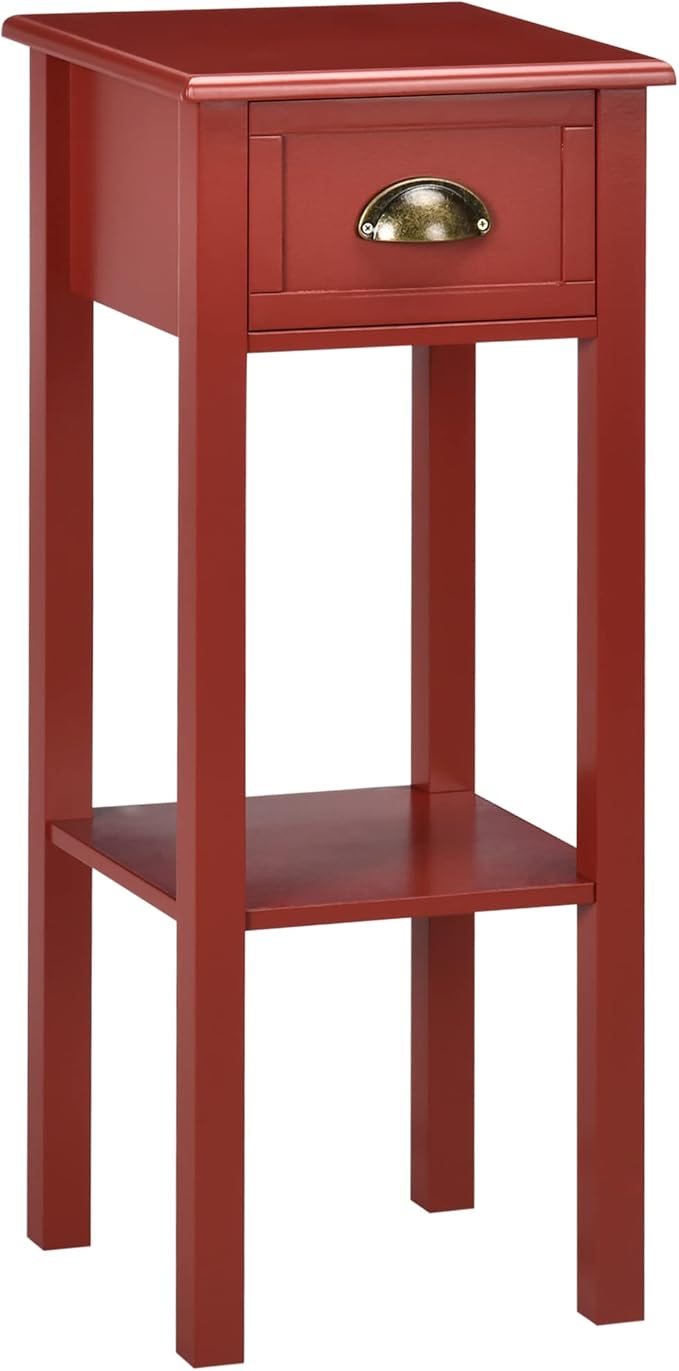 HOMCOM Narrow End Table with Drawer and Bottom Shelf, Slim Side Table for Small Spaces, Skinny Modern Accent Desk for Living Room, Set of 1, Red