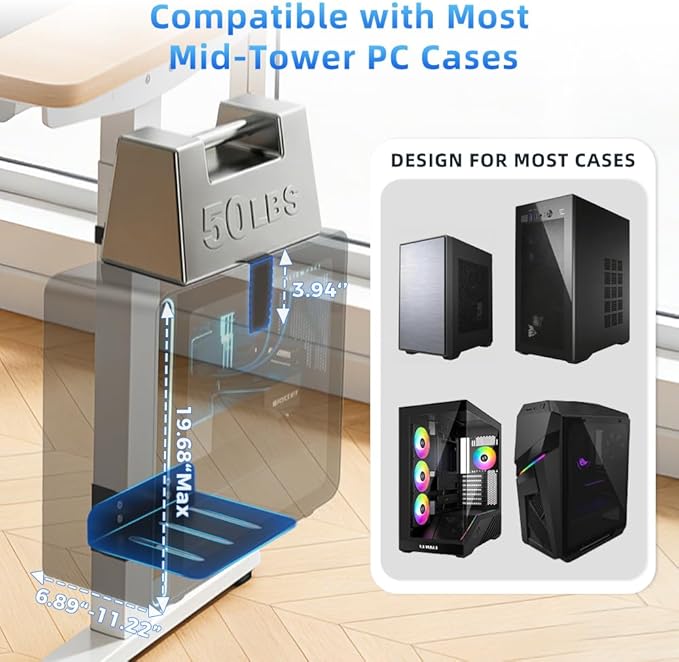 OUTFINE Under Desk PC Mount for Standing Desk, Clamp-On CPU Holder for Desk Leg (80×50 / 75×45 / 65×45mm), No-Drill Computer Tower Mount, Heavy Duty 50 lbs, Adjustable Open-Frame PC Bracket (Black)