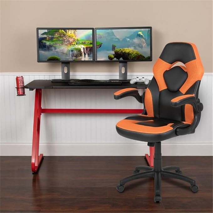 BOWERY HILL 2 Piece Z-Frame Gaming Desk Set, 51.5" W x 23.75" D Desk, Red and Orange Finish, Black Laminate Top, Detachable Cup Holder and Headset Hook, Ergonomic Chair, Contemporary Gaming Setup