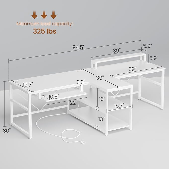 SEDETA 94.5" White Computer Desk, Two Person Gaming Desk with LED Light, Keyboard Tray, Power Strip with USB, Monitor Shelf & Storage, Extra Long Double Desk for Home Office, White