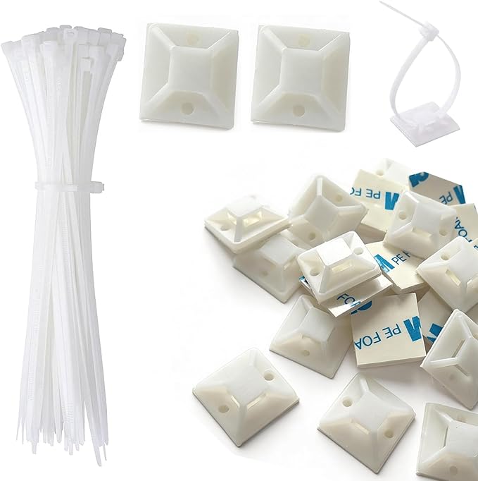 Strong Back-Glue Self Adhesive Cable Zip Tie Mounts Kit - 50 Set Cable Management Clips with 6" Zip Ties, Wire Holders - Outdoor Sticky Wire Organizer Clips-Black (50 Set, White)